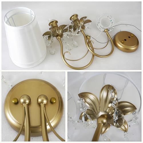 Image of 2-Light Vintage Crystal Wall Sconce, Antique Wall Lights with White Fabric Lampshade for Bedroom Bedside Living Room, Matte Gold Finish