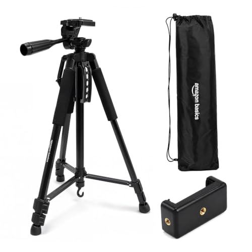 Image of Amazon Basics 55-Inch Aluminium Tripod, Lightweight Portable Camera Tripod Stand with Carry Bag, 3-Way Pan Head, Quick Release Plate, for Smartphones, GoPro & DSLR, Load Capacity up to 5kg
