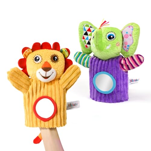Jollybaby Hand Puppets Baby Toy 0-6-12 Months, Plush Stuffed Animal Hand Puppets Toys for Kids?Sensory Doll with Rattle and Mirror for Toddler?Social Emotional Play Therapy Toys for Boy Girl Gift