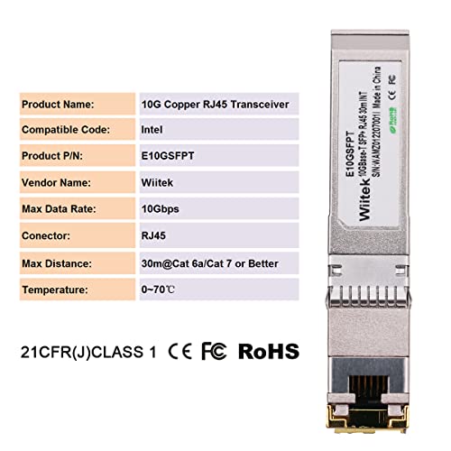 Image of 10G SFP+ to RJ45 Copper Modules, 1.25G /2.5G /5G /10GBase-T Ethernet Copper to SFP+ Transceiver Compatible for Intel E10GSFPT(Cat 6a /7 or Better, 30-Meter)