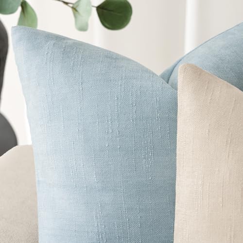Image of Foindtower Pack of 2 Textured Chenille Throw Decorative Pillow Covers Square Accent Solid Cushion Cover Neutral Farmhouse Modern Pillow Case for Couch Sofa Bedroom Living Room 26x26 Inch,Light Blue