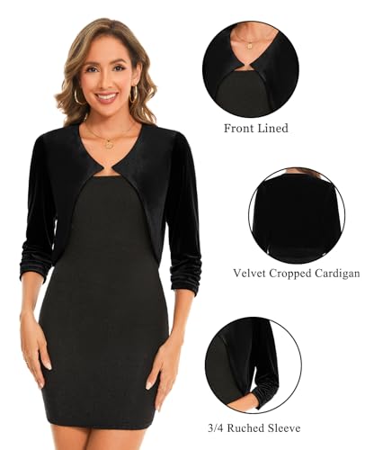 MINTLIMIT Women Velvet Shrug Bolero Open Front 3/4 Ruched Sleeve Evening Dressy Cropped Cardigans with Hook and Eye3