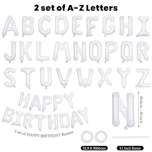Image of 65 Pcs White Happy Birthday Balloons, 2 Sets A-Z White Letters Foil Balloons,16 Inch Personalized Name Happy Birthday Banners for Wedding Baby Shower Anniversary Party Decorations