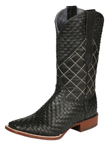 Men's Western Cowboy Rodeo Boots, Woven Leather Design, Square Toe Made in Mexico Petatillo Leather