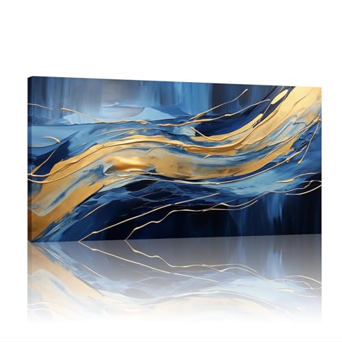 Art abstrait bleu or grand format toile murale salon 80x160 cm