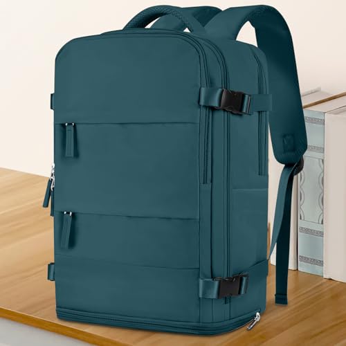 Image of coowoz Large Travel Backpack For Women Men,Carry On Backpack Flight Approved,Hiking Backpack Waterproof Outdoor Sports Rucksack Casual Daypack Fit 15.6 Inch Laptop Shoes Compartment,30L(Peacock Blue)