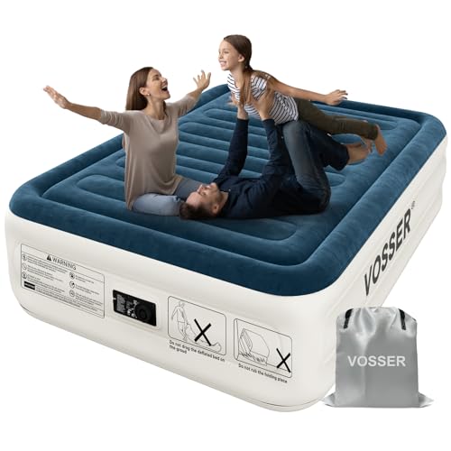 VOSSER Queen Air Mattress with Built-in Pump,18''Fast & Easy Inflation/Deflation Inflatable Mattress, Foldable Blow Up Mattress with Storage Bag, Inflatable Bed for Home, Camping & Guests