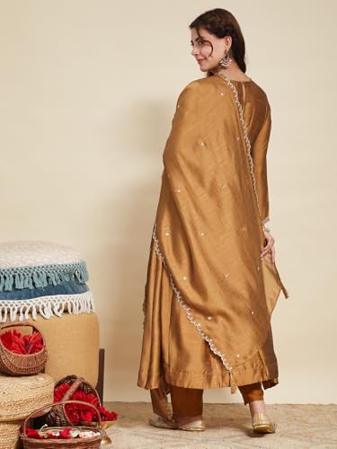 Image of MOKOSH Women's Embroidered Silk Anarkali Kurta Pant with Dupatta | Anarkali Kurta Set | Embroidered |Occasion & Festive Traditional | 3 Piece Outfit