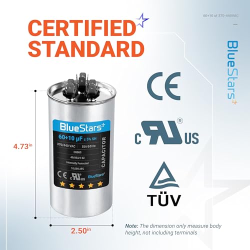 [UL Certified] BlueStars 60+10 uF 60/10 MFD ±5% 370V/440 VAC Volts CBB65 Dual Run Circular Start Capacitor Replacement Part by Blue Stars - for AC Motor Run or Fan Start or Condenser Straight