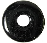 Schwarzer TURMALIN Schörl Edelstein Schmuck Anhänger - 3cm DONUT - Schutzstein/Glücksstein + Lederband + Täschchen Blume des Lebens + Beschreibung. 81781