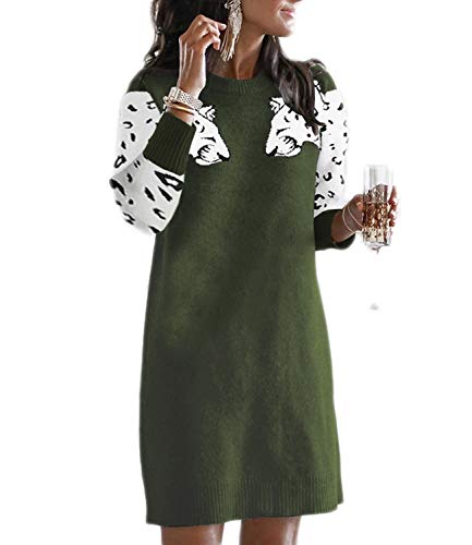 Mansy Women's Leopard Sleeve Sweater Dress Long Sleeve Crew Neck Slim Fit Pullover Kint Sweater Dresses Army Green