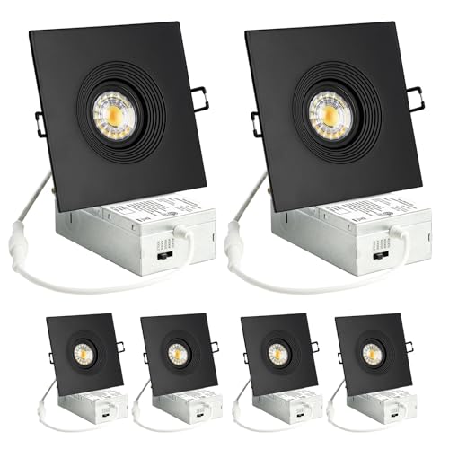 Image of 6 Pack 4 Inch Square LED Recessed Lighting, 8W Black Sloped Ceiling Recessed Light Fixture, 360 Eyeball Wafer Light for Directional Lighting, 5CCT Gimbal Downlight, 4 Inch 6 Pack Black
