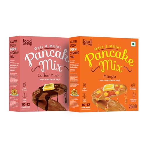 Image of foodstrong Oats & Millets Mango & Coffee Mocha Waffle & Pancake Mix, High Protein & Fibre, No Maida, No Refined Sugar - With Jaggery, Eggless Instant Breakfast Mix 250G X Pack Of 2
