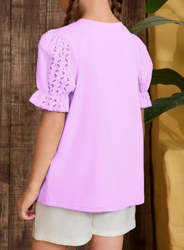 Image of DOKOTOO KIDS Girls Summer Shirts Cute Hollow Out Puff Short Sleeve Tops Casual Crewneck Tee Blouse 6-15 Years
