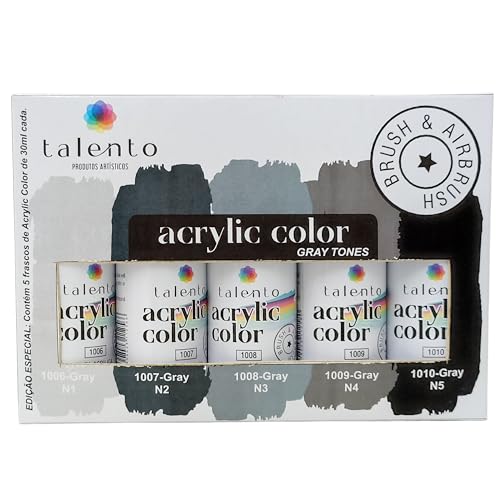 Tinta Acrílica para Modelismo Talento, Conjunto Gray Tones com 5 Cores de 30ml, Compatível com Pince