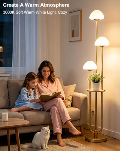 Image of 3 Light Mushroom Floor Lamp with Shelf, Dimmable Gold Floor Lamp with Bulbs Included, 3000K Warm White Modern Standing Tall Floor Lamp for Living Room Bedroom Reading Sofa Beside Corner Decor
