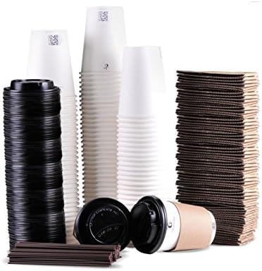 To Go Paper Coffee Cups with Travel Lids Sleeves and Straws 100% Biodegradable & Compostable Pla Eco Friendly Paper Coffee Cups 100 Sets of 12 oz