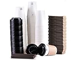 To Go Paper Coffee Cups with Travel Lids Sleeves and Straws 100% Biodegradable & Compostable Pla Eco Friendly Paper Coffee Cups 100 Sets of 12 oz (White)