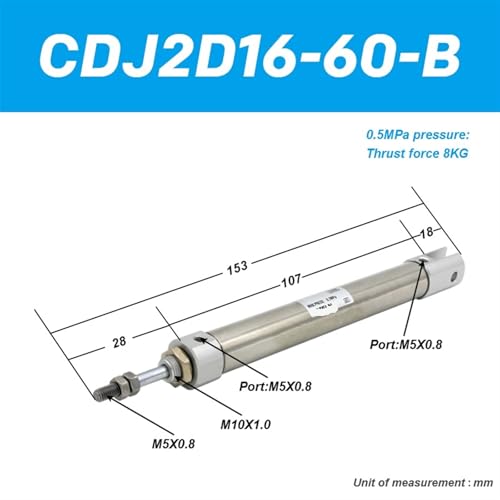 Cilindro neumático de doble efecto CDJ2D16 con diámetro de 16 mm y vástago simple 3