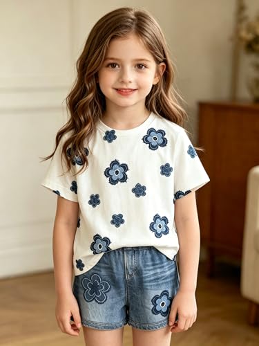 Image of Ayzozuy Kid Girl Clothes Shorts Set 2 Piece Outfits Summer Casual Short Sleeve Top and Shorts Set for Girls 4-7