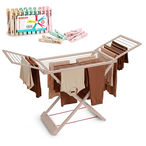 PlasticForte Tendedero Plegable y Extendible para Balcón, 20 m de Tendido con Pinzas, Gran Capacidad, Ligero y Resistente al Sol, Fácil de Transportar, Bloqueo de Seguridad, Marrón