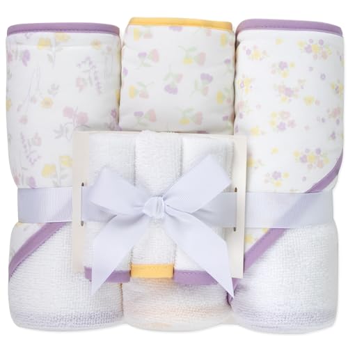 Image of Jessica Simpson Baby 6-Piece Hooded Towel & Washcloth Set - Soft Polyester Baby Bath Towels - Butterfly & Lavender Floral Prints