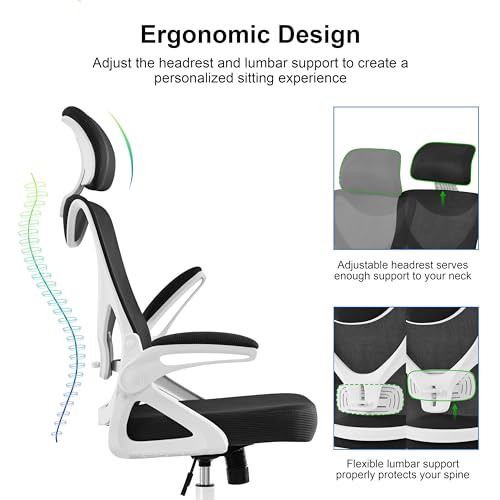 Image of Yaheetech Ergonomic Office Chair with Headrest, Lumbar Support, White /Black | Breathable mesh high-back adjustable headrest, padded seat, and flip-up armrests supports your back and neck, holds 300lb