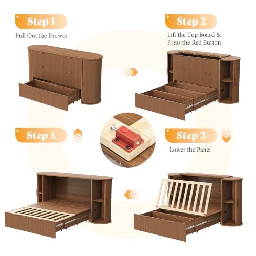 Image of AMERLIFE Full Murphy Bed with Storage Bedside Shelves & Sliding Tambour Door, Modern Cabinet Bed with Charging Station & Curved Fluted Design for Bedroom /Guest /Home Office, Brown