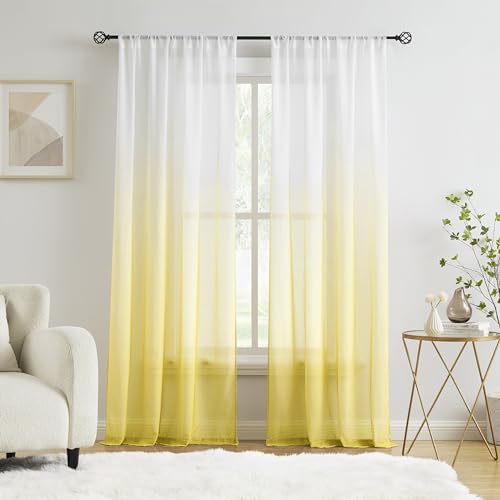 Image of Ombre Chiffon Sheer Curtains Yellow for Living Room Decor, Gradient Light Filtering Window Curtain Panels for Girls Bedroom, Crinkle Semi Sheer Drapes for Garden, Yard Decor, Rod Pocket, 42"Wx63"L