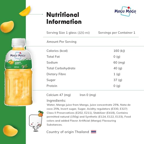 Image of Mogu Mogu Mango Juice Drink with Nata de Coco Jelly 320ml | Refreshing Tropical Thai-Made Sip & Chew Beverage