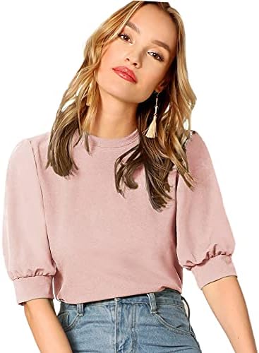 SheIn Women's Puff Sleeve Casual Solid Top Pullover Keyhole Back Blouse Pink Small