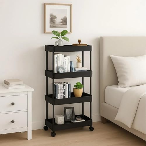 ShellKingdom 4 Tier Bathroom Storage Organizer, Slim Rolling Storage Cart for Narrow Space, Mobile Shelving Unit with Lockable Wheels and Hooks for Bathroom, Kitchen, Laundry Movable Shelf (Black)