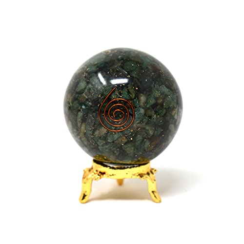 Sphère orgonite mica vert sculptée à la main, minéral naturel 50-60 mm