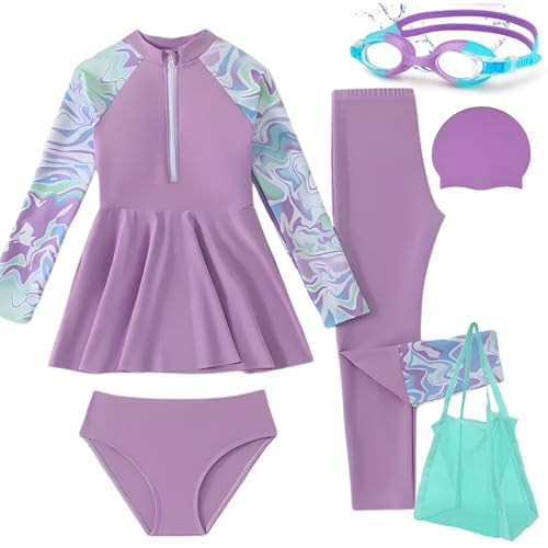Oceanic Girls Swimwear Set 614Y Long Sleeve Girls Rash Guards Girls Swimwear Set with Goggles Cap & Mesh Bag Full-Cover Girls Swimsuit (UAE/KSA Age 11 Years 12 Years Regular Purple Glow)