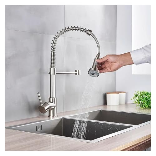 Grifo de cocina de níquel cepillado con resorte y caño giratorio de 360 grados 5