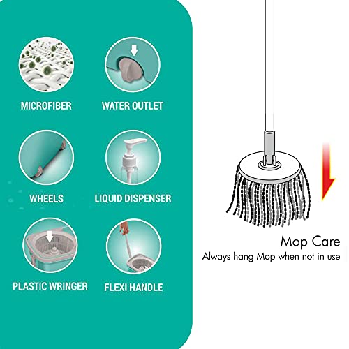 Spotzero By Milton Classic Spin Mop Bucket On Wheels, Extendable Handle | Liquid Dispenser | Wringer Set | 360 Spinning Mop Bucket Floor Cleaning & Mopping System With 2 Microfiber Refills, Aqua Green #TOP2