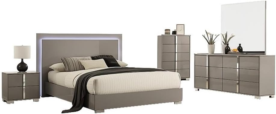 Pemberly Row 5pc Queen Bedroom Set, LED Headboard, Chest, Dresser, Nightstand, Mirror, Light Taupe Gray Finish, UV-Coated Engineered Wood, Chrome Silver Accents, Modern Style Furniture for Bedroom Use