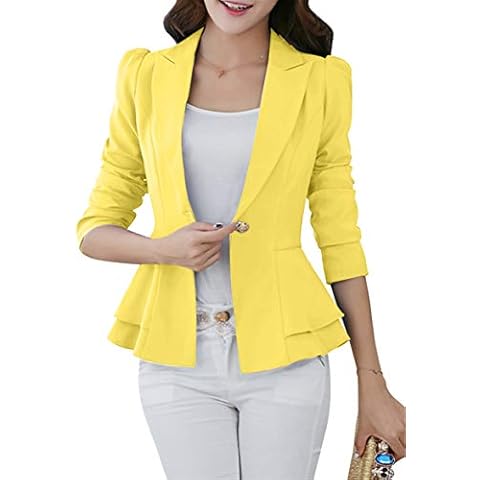 TYQQU Women Work Lapel Collar Blazer Button Professional Cardigan Yellow XL Cover