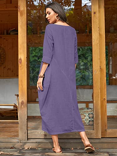 Image of Celmia Autumn Solid Loose Long Maxi Dress Cotton Caftan