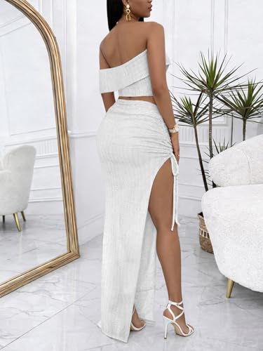 Image of Sexy 2 Piece Maxi Skirt Sets for Women Off Shoulder Crop Top Bodycon High Slit Skirt Beach Dresses Summer Outfits