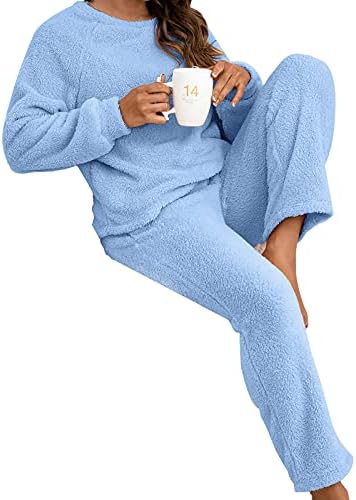 Oplxuo Women's Fuzzy Fleece Pajama Set - Oversized Sweater & Pants Loungewear (Blue) - View #2