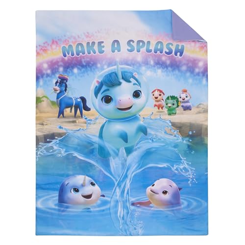 Image of DreamWorks Not Quite Narwhal Make A Splash Blue and Lavender, Unicorn Kelp, and Friends 4 Piece Toddler Bed Set - Comforter, Fitted Bottom Sheet, Flat Top Sheet, and Reversible Pillowcase