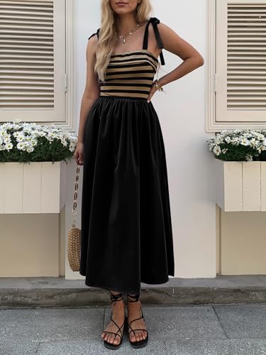 Women Summer Tie Spaghetti Strap Striped Dresses Sleeveless Stretch Flowy Maxi Sundress Beach Dress with Pockets2