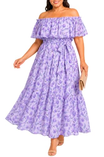 Image of Plus Size Chiffon Off The Shoulder Maxi Long Floral Summer Casual Beach Boho Sundress Women 2024