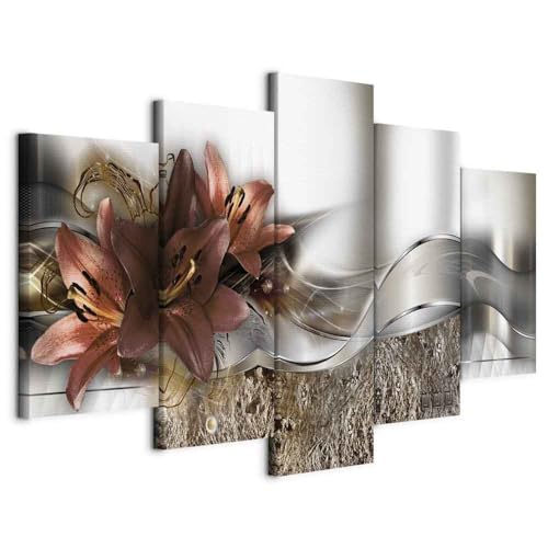 B&D XXL - Wandbilder XXL Blumen 225x112cm 5 tlg - Wand Deko Leinwand Bilder Groß Wanddeko Wohnzimmer Schlafzimmer Kunstdrucke - Lilien Abstrakt Diamant Textur silber dunkelrot