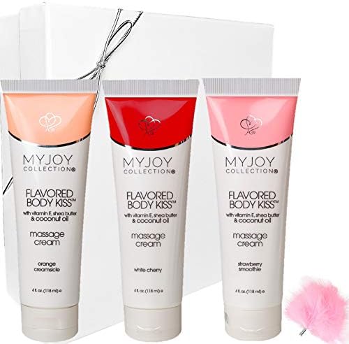 Flavored Body Kiss Edible Massage Cream for Sensual Massage, Strawberry, White Cherry and Orange with Nourishing Coconut Oil, Shea Butter PH Balanced Boxed for Gifting