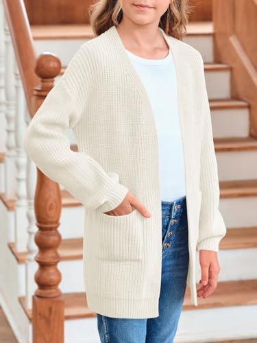 Girls Long Sleeve Cardigan Casual Open Front Lantern Sleeve Smoke Cuff Knit Sweater with Pockets for Kids 5-14 Years2