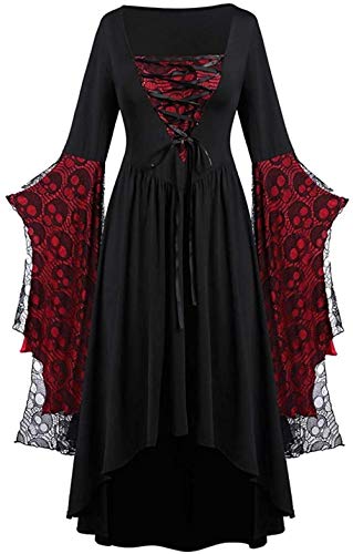Yeehliny Mittelalter Kleid Damen Retro Gothic Kleid mit Trompetenärmel Schnürkleid Maxikleid Renaissance Dress Party Festlich A-Linie Halloween Kostüm Hexe Cosplay Kostüm Cover