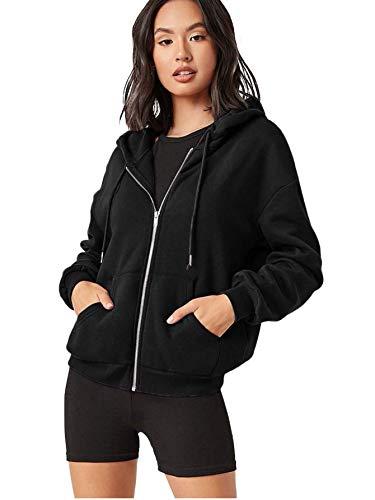 Floerns Women s Casual Long Sleeve Zip Up Drawstring Sweatshirt Hoodie Jacket with Pockets Black M