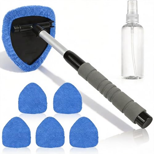 toijnhtk Car Windscreen Cleaner 6Pcs Triangle Window Cleaning Kit Extendable Long Handle with 5 Reusable Microfiber Pads 1 Spray Bottle for Auto Home Office Glass